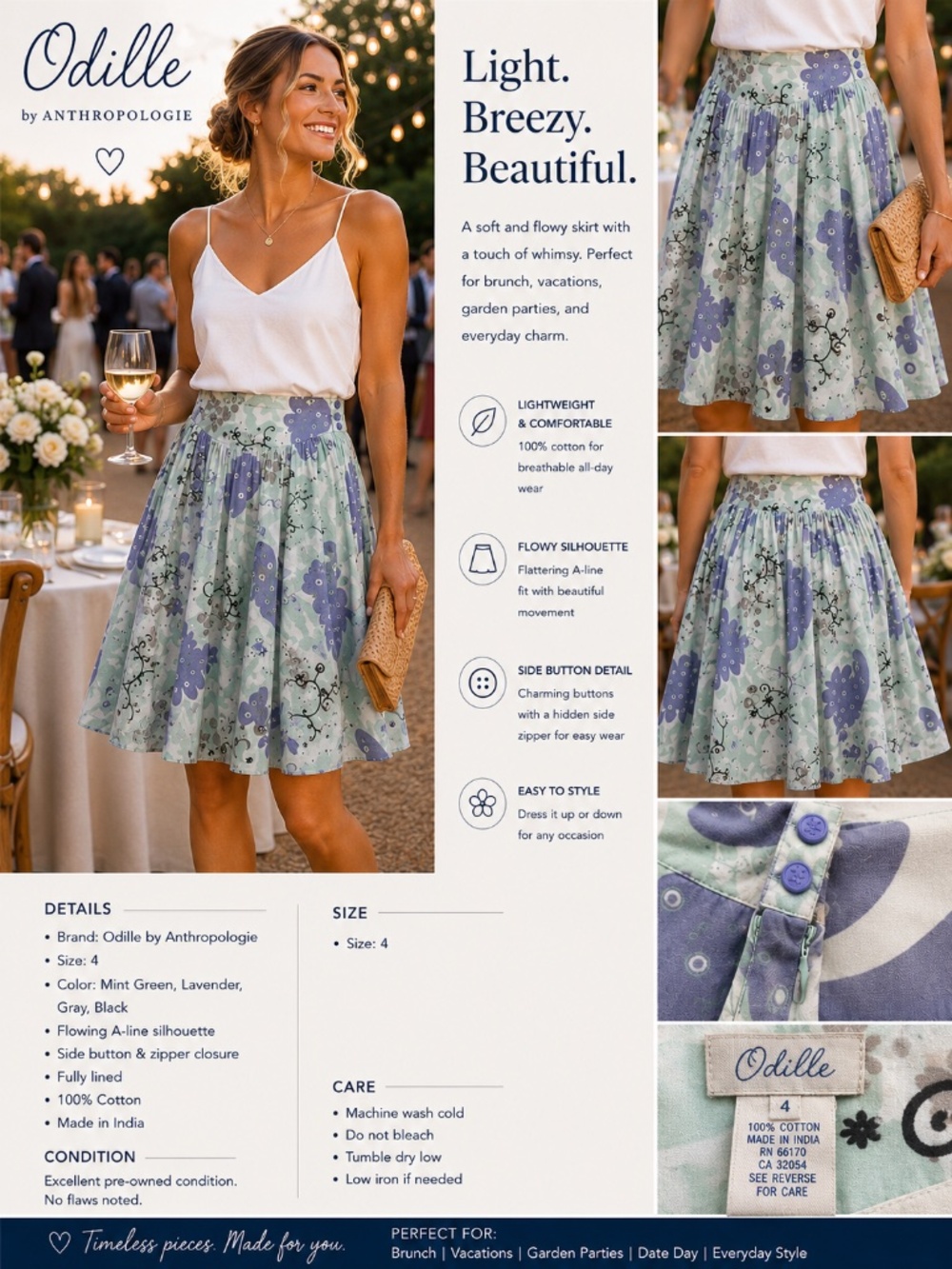 Odille by Anthropologie Floral A-Line Skirt Size 4 | Cotton Lined